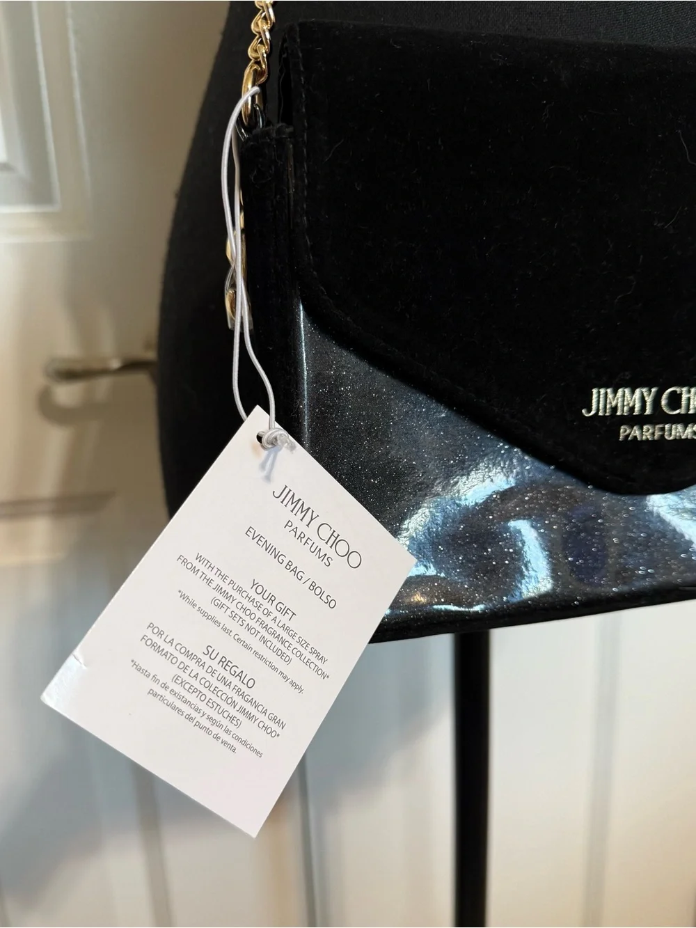 NWT Jimmy Choo Perfums Black Velvet Glitter Evening Bag Clutch Gold chain
